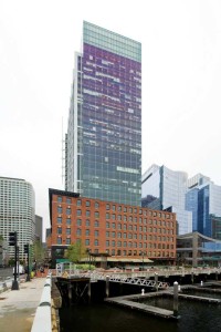 A zinc-rich uwrethane, advanced generation epoxy, and high-solids fluoropolymer finish were specified for exterior canopies and a 61-m (200-ft) tall steel spire ascending an exterior corner of Atlantic Wharf in Boston. Photo © Brett Drury, ASMP, Architectural Photograph. Photo courtesy Tnemec