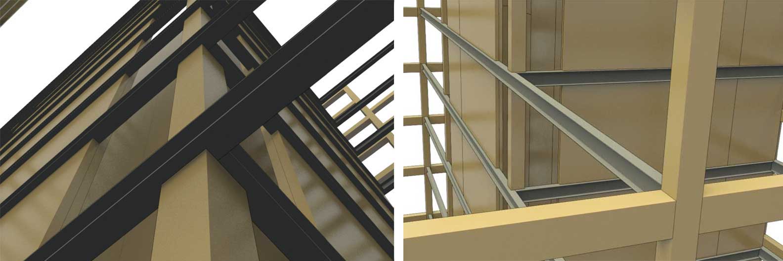 These images show close-up examples of a solid wood panel core and intersecting ductile steel link beams in a wood building standing one to 12 stories.