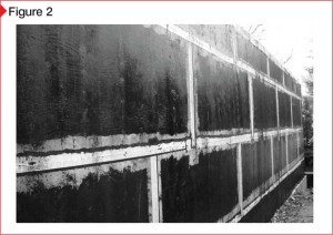 Cured membrane washed off walls after rain.