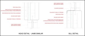 The window opening is a breach in the material air barrier for the building envelope that must be maintained by caulking and gaskets per the manufacturer’s instructions. Image courtesy Thermomass