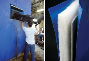 Fabric curtain walls can reduce noise levels for employee safety and comfort. The photo on the right provides a look at the internal core of the material.