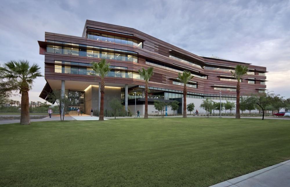 The Health Science Education Building is clad with copper panels.