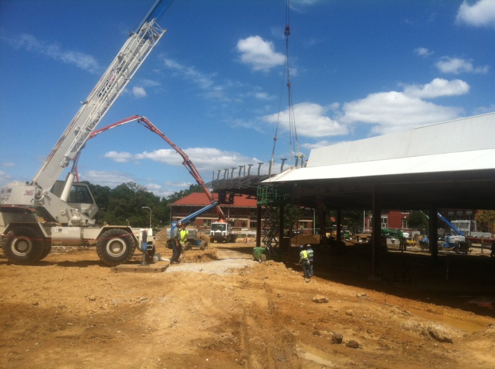 Erecting UHPC panels into place with rough terrain crane. [CREDIT] Photo courtesy Lafarge 