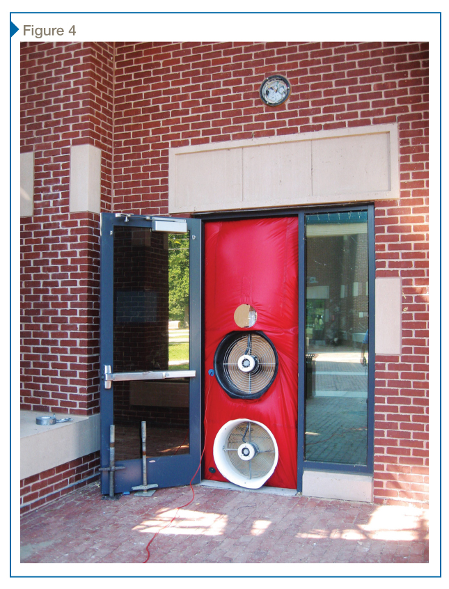 The photo illustrates the blower door test setup for quantitative air leakage testing with calibrated fans. These blower doors are also used for imposing pressure differential for qualitative testing.