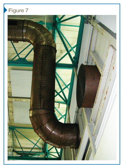An example of the heavy corrosion of stainless steel ductwork that can occur in a 10-year old natatorium.