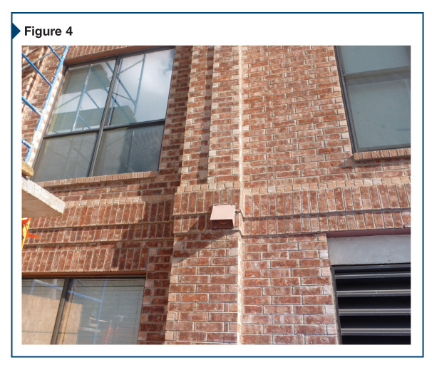 Column bump-out detail requires high strength veneer anchor to accommodate the large cavity width. This detail also incorporates stack bond veneer with architectural recesses; stack bond pattern requires the addition of horizontal joint reinforcement placed at 457 mm (18 in.) on center (oc) vertically.
