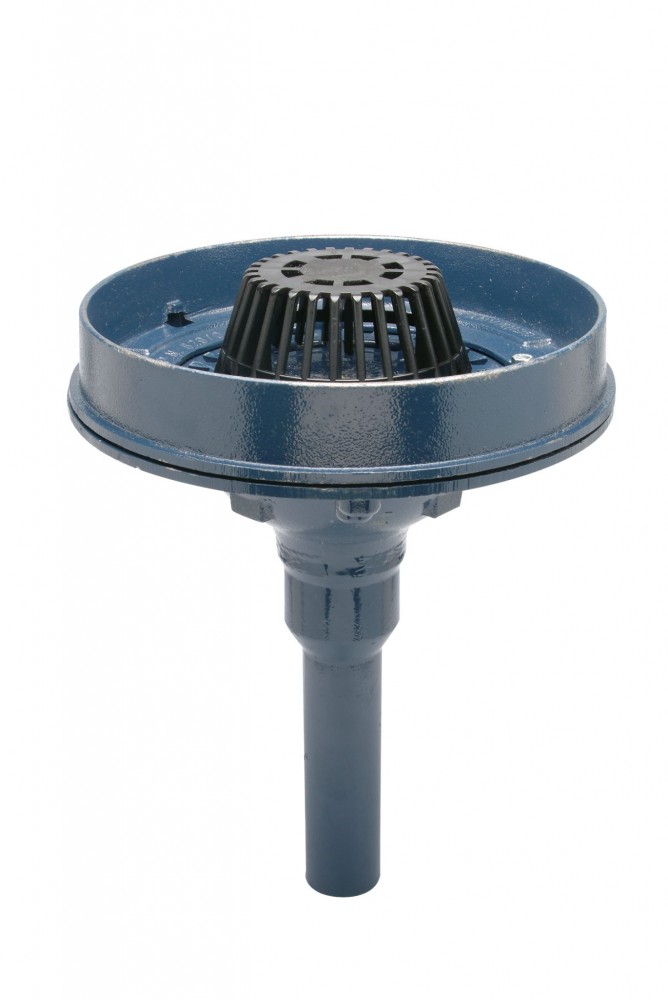 A 363-mm ( 14 9/32-in.) diameter siphonic overflow roof drain with standard deck. The key to the operation of a siphonic system is eliminating all air from entering the piping system. This is achieved by placing an engineered secured baffle into the base of the sump that breaks up the Coriolis Effect of rotating water.