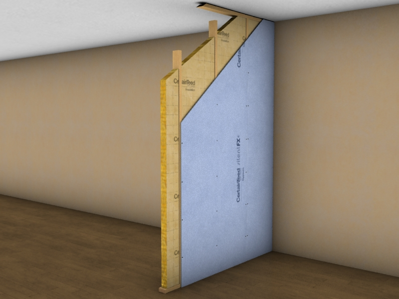 The high acoustic performance of laminated noise-reducing gypsum boards enables walls to be built with less material, gaining valuable square footage, and saving both construction time and material cost. Pairing them with a layer of fiberglass batt insulation will further improve on the wall assembly's STC rating.