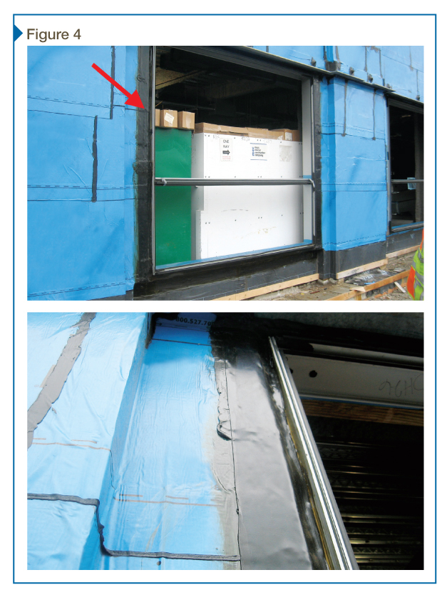 Flexible membrane fl ashing at perimeter of curtain wall is shown in the upper photo. Flexible membrane fl ashing extending from weather barrier into curtain wall glazing pocket is depicted in the lower photo.