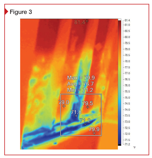This image shows the cold side of sheathing (representing the interior during a hot climate survey), with wet sheathing and studs.