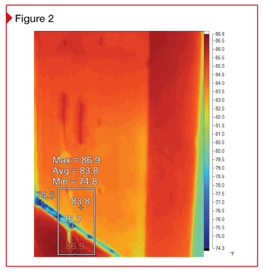 This image shows the hot side of sheathing. Water was applied to the other side of this sheathing, but it is only detectable where it is leaking out under the specimen.