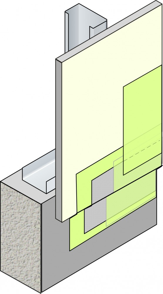 Continuity of the air barrier is maintained at a transition from sheathing to foundation through the use of a flexible transition membrane embedded in a fluid-applied air/moisture barrier.