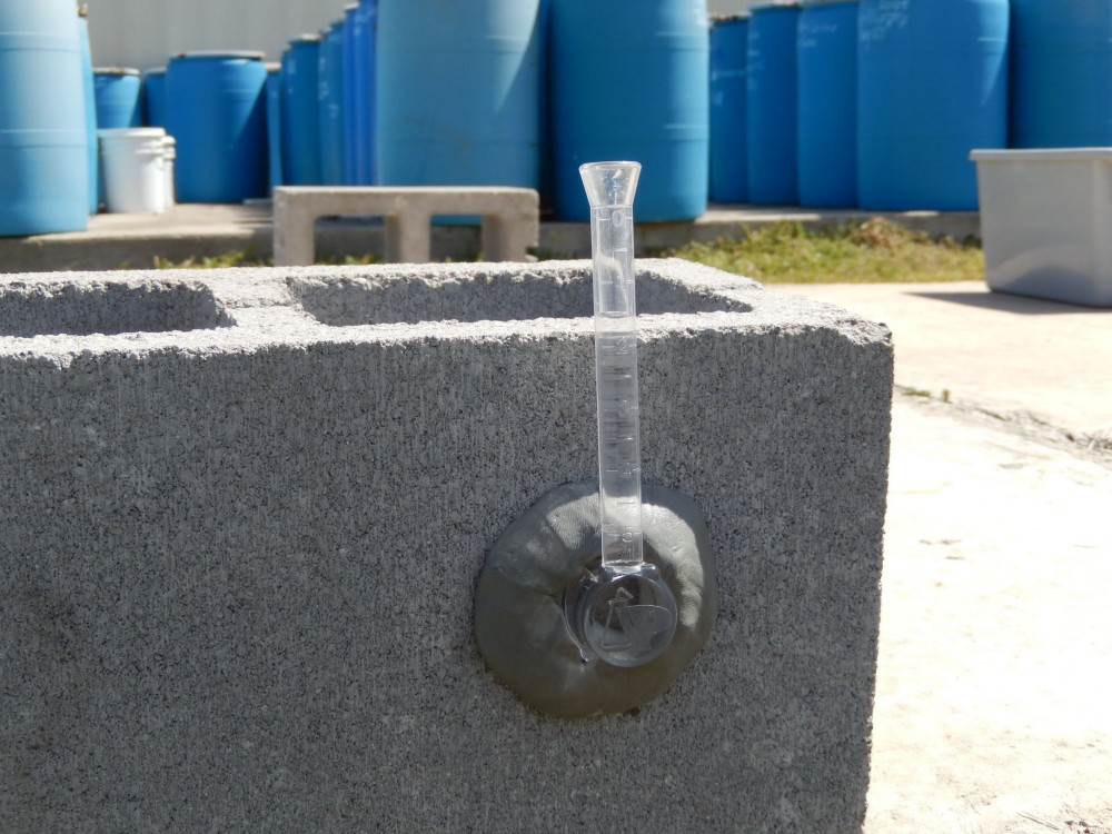 A standard RILEM tube test has failed on this CMU with integral water repellent.