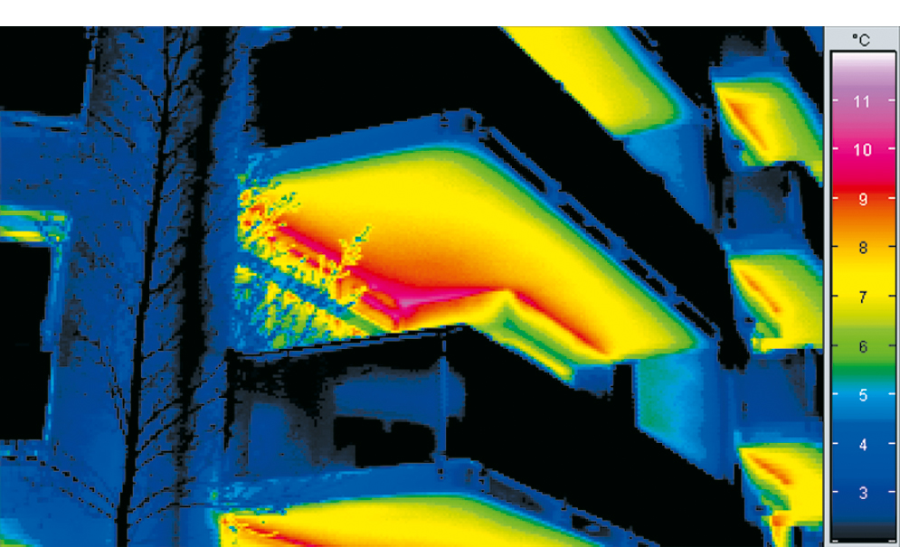Infrared imaging shows the thermal loss at balconies.