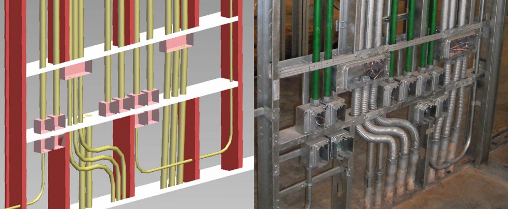 In this example, the conduit and wall framing have been planned to work together. The bank of electrical outlets was known in the design phase. As a result, each trade was able to understand how the elements should fit in the field. Not only does this look clean, but the coordinated effort also allowed it to pass inspection and prevent delays in the field. Images courtesy ClarkDietrich Engineering Services LLC