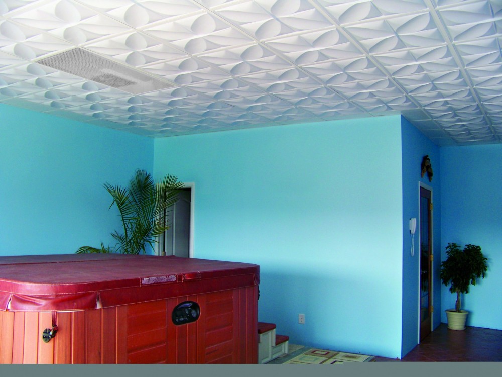 Thermoformed ceiling tiles and panels can be used in humid areas such as above the hot tub. The decorative molded pattern suggests ripples in water. During day, side light entering from glazed wall enhances relief with shadows and highlights; at night, the ceiling is back-lit. Border tile with low relief are used around perimeter of space.