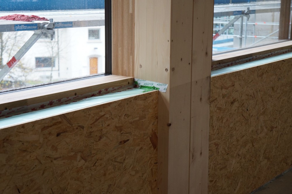 This wall element was craned in place. These types of components can be completed onsite in an airtight manner.
