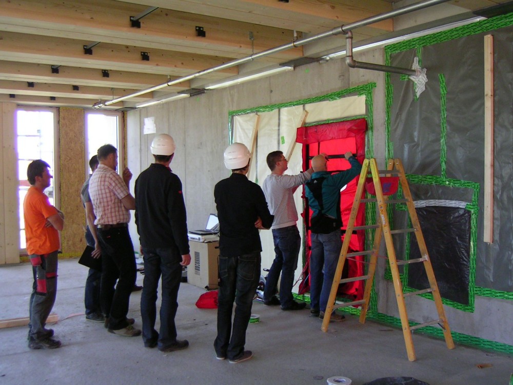 Preparation for blower door test for LCT ONE—a Passive House-certifi ed, eight-story wood offi ce building in Austria. Photo courtesy Cree GmbH