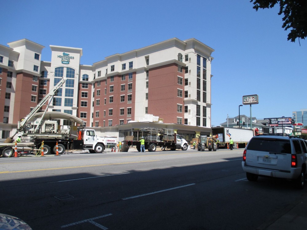 The Homewood Suites project in Nashville, Tennessee employed an exterior cladding combination of natural limestone on the first floor and an exterior insulation and finish systems (EIFS) on the upper floors featuring an air barrier, continuous insulation designed to replicate the look of traditional brick and natural limestone.
