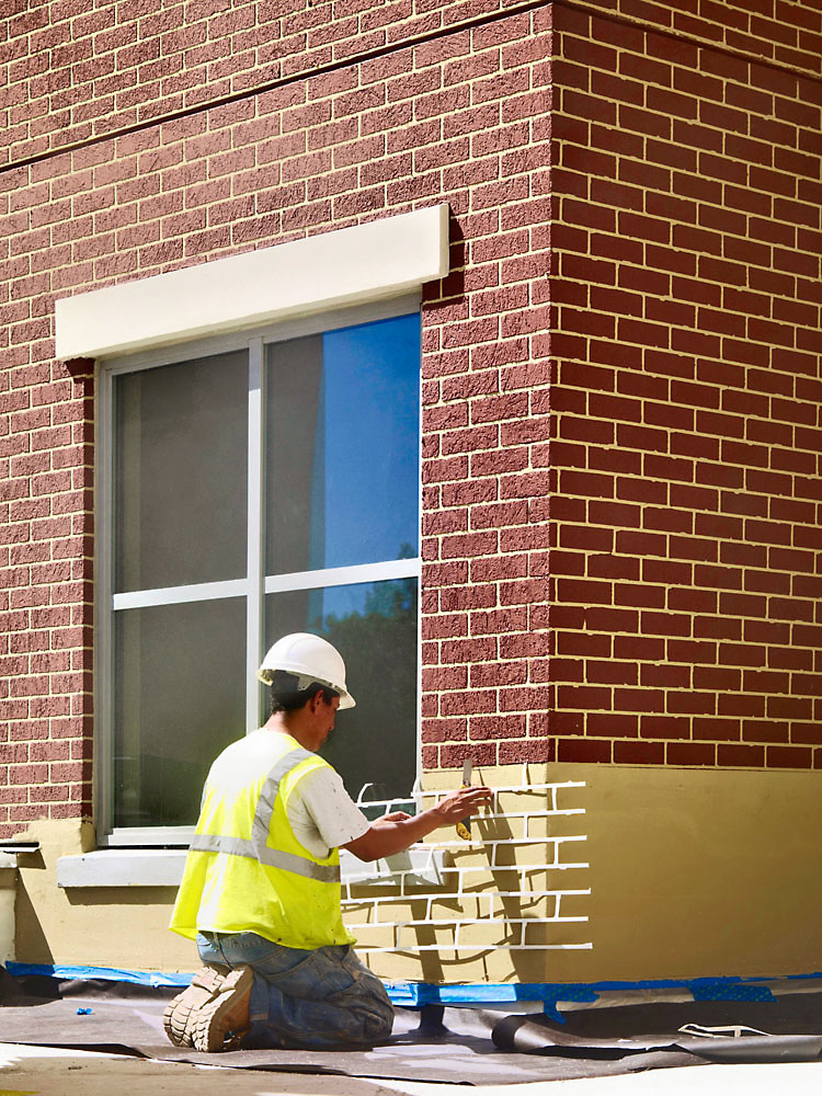 This photo shows a brick stencil applied to the substrate prior to the application of the EIFS finish. The stencil is removed before the finish dries to replicate the look of traditional brick. Photos courtesy Sto Corp.
