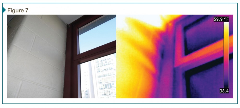 This infrared image shows air leakage around a window perimeter during a whole-building test.