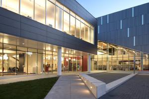 The use of floor-to-ceiling windows allows the building to be easily identifiable as a library.