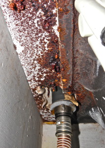 Corrosion on concealed galvanized steel supports for marble bathtub. Photo courtesy Building Diagnostics Asia Pacific