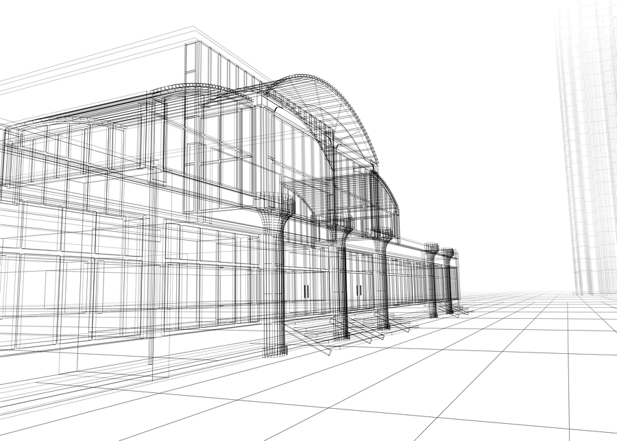 3D rendering wireframe of office building white background. Concept - modern architecture designing.