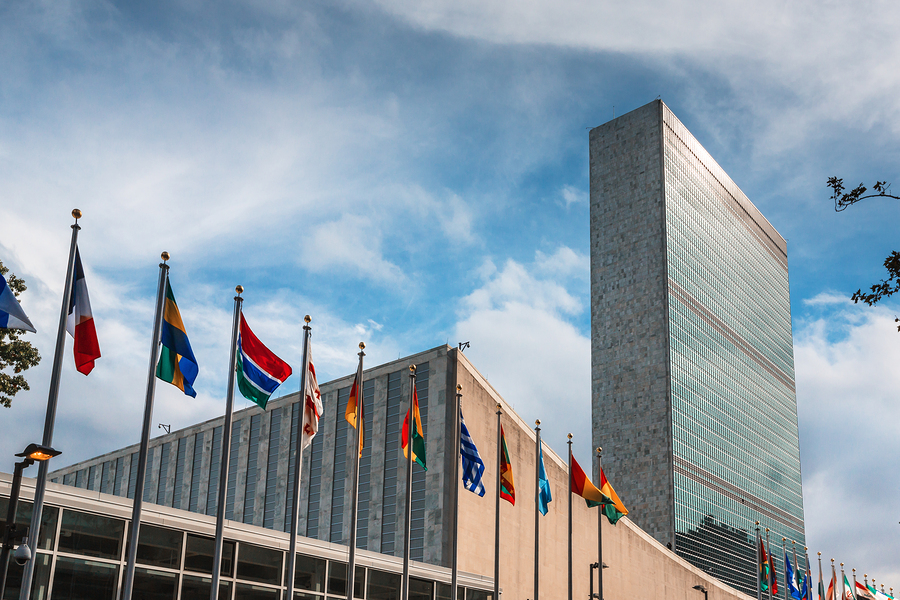 NEW YORK USA - Sep 27 2015: 70th session of UN General Assembly. United Nations Building in New York is the headquarters of the United Nations organization.