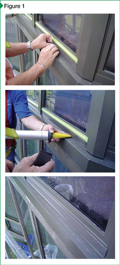 These images demonstrate the basic steps involved in installing pre-cured sealants, including the application of the adhesive, pressing the pre-cured sealant into place, and the completed installation.