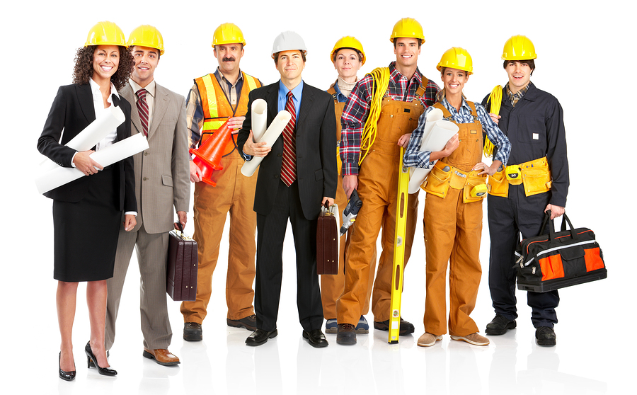 Young builder people in yellow uniform. Isolated over white background