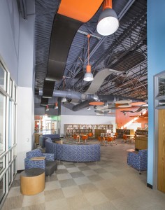 Acoustical ceiling clouds offer both aesthetic appeal and sound control function.