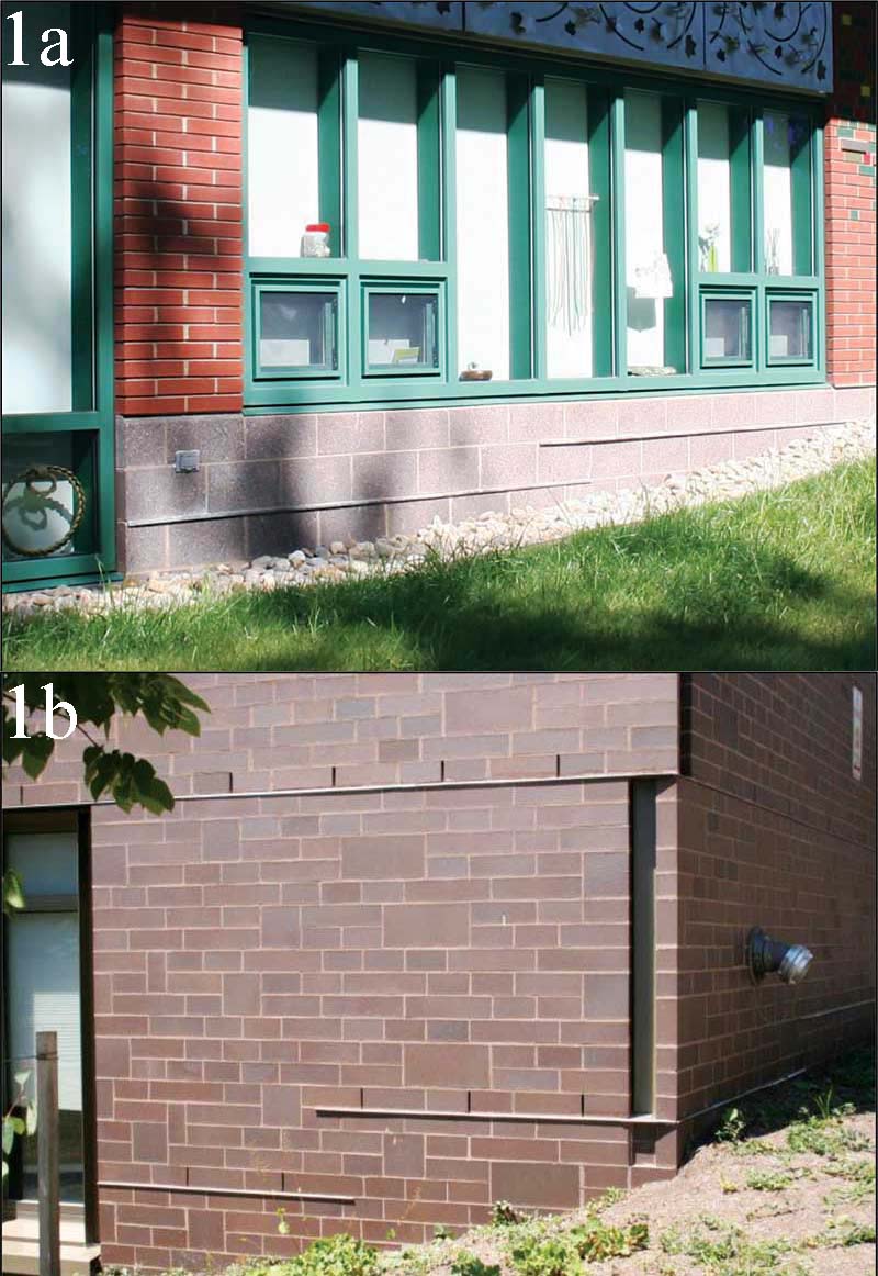 These photos are examples of exposed drip-edge flashing near grade. The top image shows a concrete masonry unit (CMU) veneer while the bottom image features a drip-edge at a shelf angle and at grade in a brick veneer. Photos courtesy Rick Filloramo