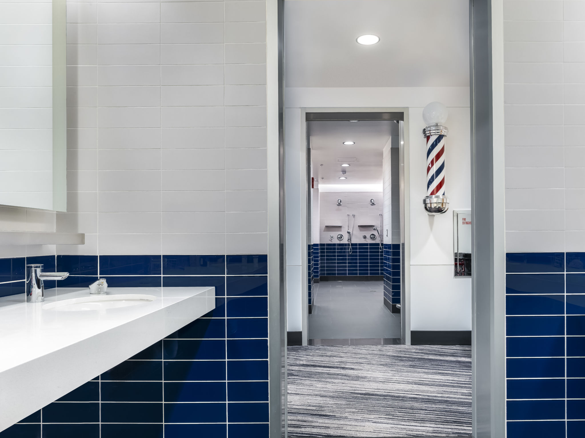 The new Chicago Cubs clubhouse has been fitted with hands-free, water-efficient devices to maximize sustainability and minimize the spread of germs. Photo © Hedrich Blessing