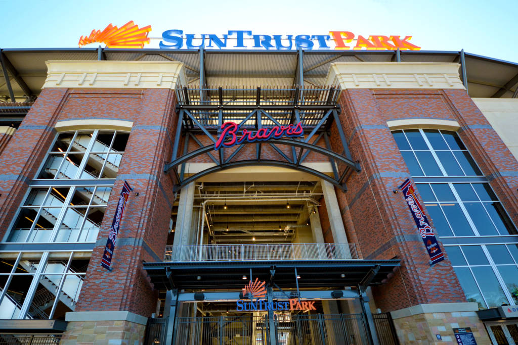 Truist Park roof canopy sign sunset exterior aerial