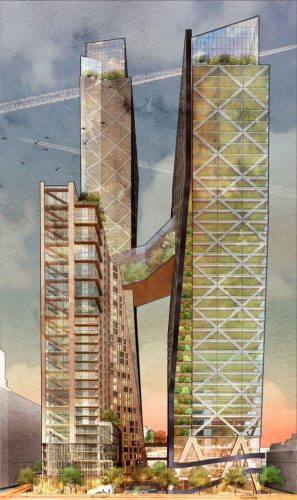 The conceptual Timber Towers complex would feature two office buildings, linked by a connecting bridge.