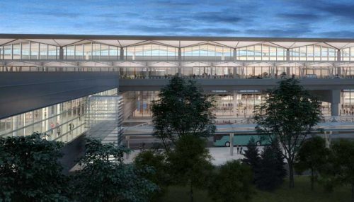The facility’s new pedestrian bridge will link the airport’s monorail system to its parking garage.