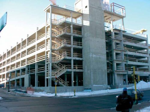 This six-level parking garage in Minnesota included a superplasticizer to increase concrete strength and workability. For corrosion mitigation, a migrating corrosion inhibitor was employed as added problems with cracking and strength were experienced in the first two decks that were treated with calcium nitrate (CNI). Photos courtesy Cortec Corp