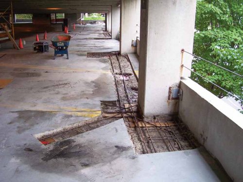 Use of a migrating corrosion inhibitor admixture was intended to mitigate corrosion in patched areas and also protect against potential ring anode effect in surrounding concrete in this repair to a Cincinnati garage. Photos courtesy Smart building