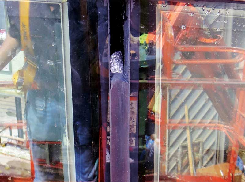 Figure 2: Secondary sealant joint cut open at head of curtain wall mockup to test primary seal and drainage capacity.
