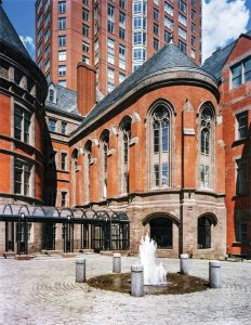 The entry court of 455 Central Park West, showing the rebuilt roof.