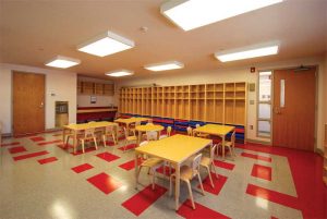 For the universal pre-kindergarten facility UPK K491, RKTB Architects converted a three-story medical facility in Brooklyn to offer five classrooms, an exercise room, and a variety of associated offices and staff rooms.