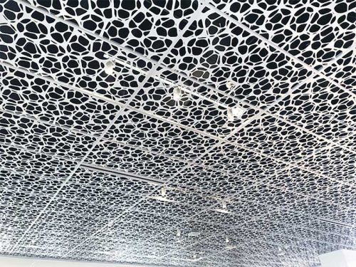 Figure 9: Metal panels with large, open areas are available in the market, thereby allowing sprinklers and light fixtures to be located above the ceiling. For a decorative effect, these panels utilize two layers of metal with spacers in between. Photo courtesy Arktura