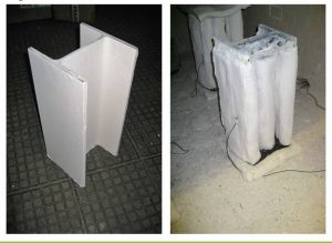 Figure 1 Intumescent coatings applied to a steel I-beam, or W-profile (left), create
a thick char and swell to approximately 50 times their dry film thickness (DFT) in a fire (right), thereby providing protective insulation that reduces the rate of heat transfer to the steel.