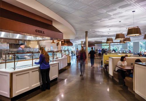 The ceiling of the new dining commons at Mt. Holyoke College, South Hadley, Massachusetts, designed by Bergmeyer, blends mineral fiber panels with several styles of thermoformed panels ranging from shallow to deep coffers. A high sound attenuation average (SAA) was required to control noise levels in the busy facility. Thermoformed panels could be used over food preparation areas because their impervious, washable surface meets health department requirements.