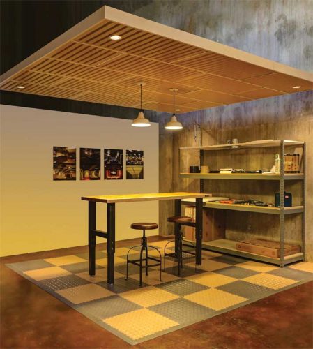 Figure 6: Staggering the suspension system’s cross-tees allowed these ceiling panels to be offset, adding interest to the faux wood ceiling panels.