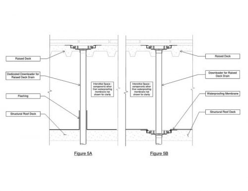 Figure 4: Dedicated downleader system for raised deck drain (left), and bi-level drain for raised deck and waterproofing level (right).
