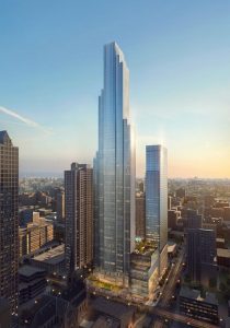 Ground breaks in downtown Chicago, Illinois, for One Chicago, a two tower high-rise with a block-sized, green-roofed podium. Image courtesy Goettsch Partners