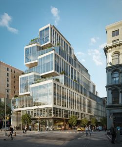 Proposed by Perkins+Will’s New York studio, 799 Broadway’s cascading terraces bring nature into the workplace in Manhattan, New York. Image © Binyan Studios. Image courtesy REA