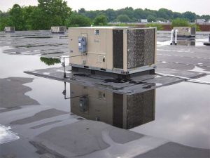 Figure 4: Pull-back view of an RTU. A well-defined waterway is missing in order to divert water to the nearest roof drain approximately 7.6 m (25 ft) away from the base curb.